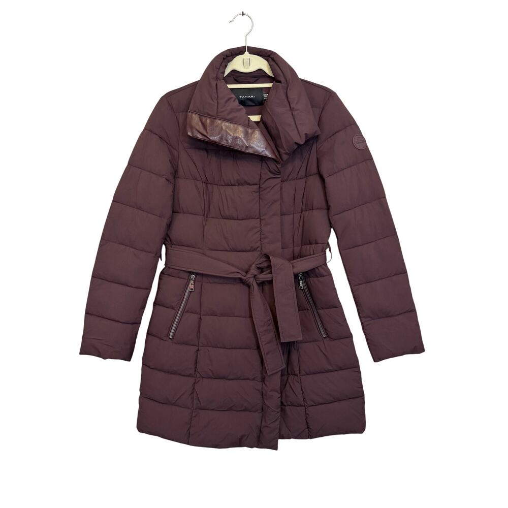 Tahari Puffer Coat Womens S Merlot Down Waterfowl Quilted Belted Winter Outdoor - Picture 1 of 8
